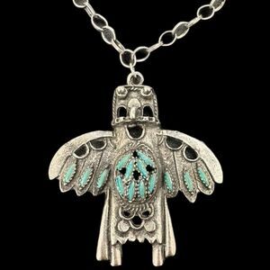 Vintage Knifewing Dancer Kachina Faux Turquoise Costume Pendant Necklace